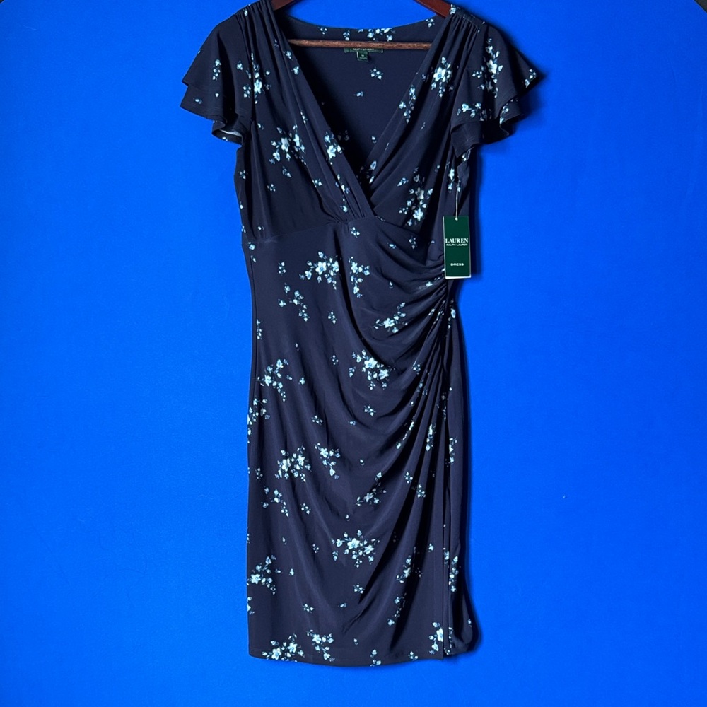 Macy's Dark Blue Midi Dress with White Floral Accents